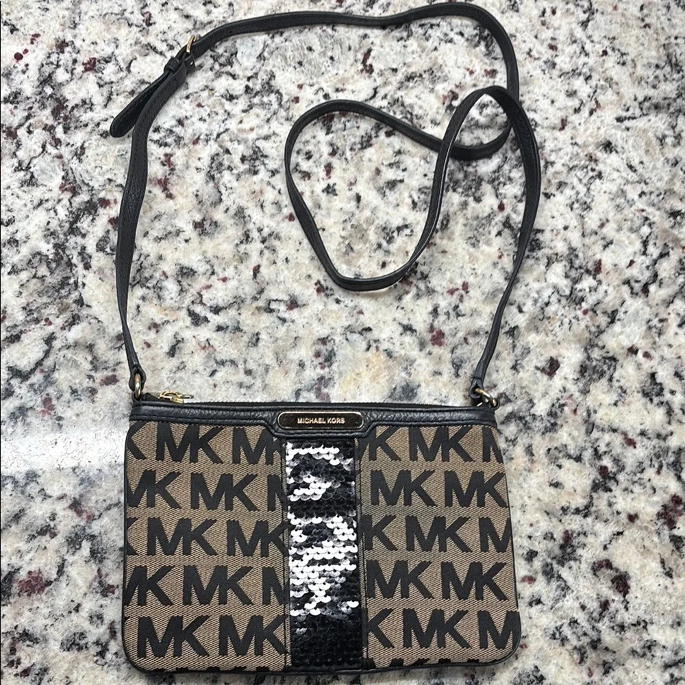 Michael Kors Brown and Black Crossbody Bag with Monogram Print
